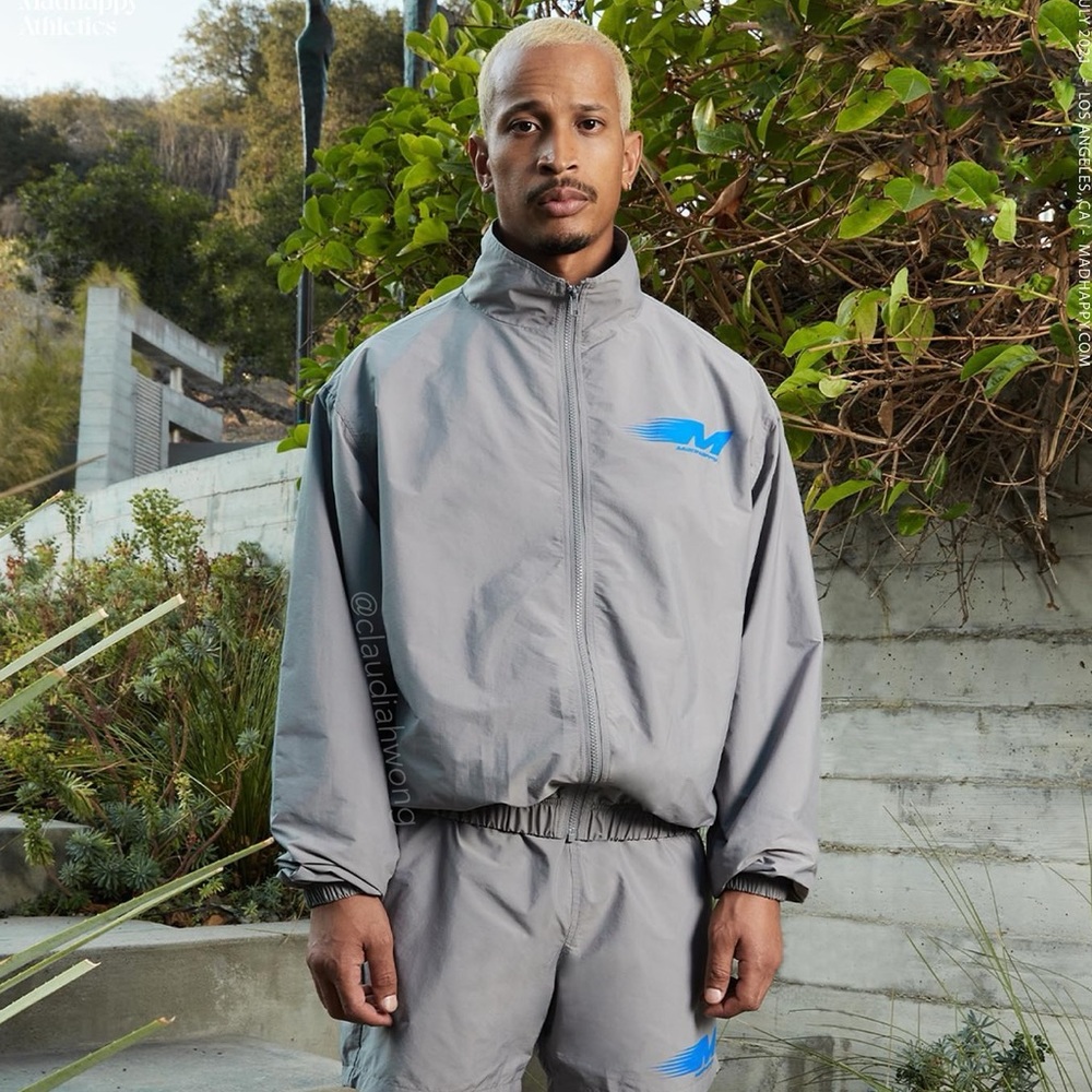 MADHAPPY Athletics Nylon Warm Up Graphic Bomber Jacket in Grey